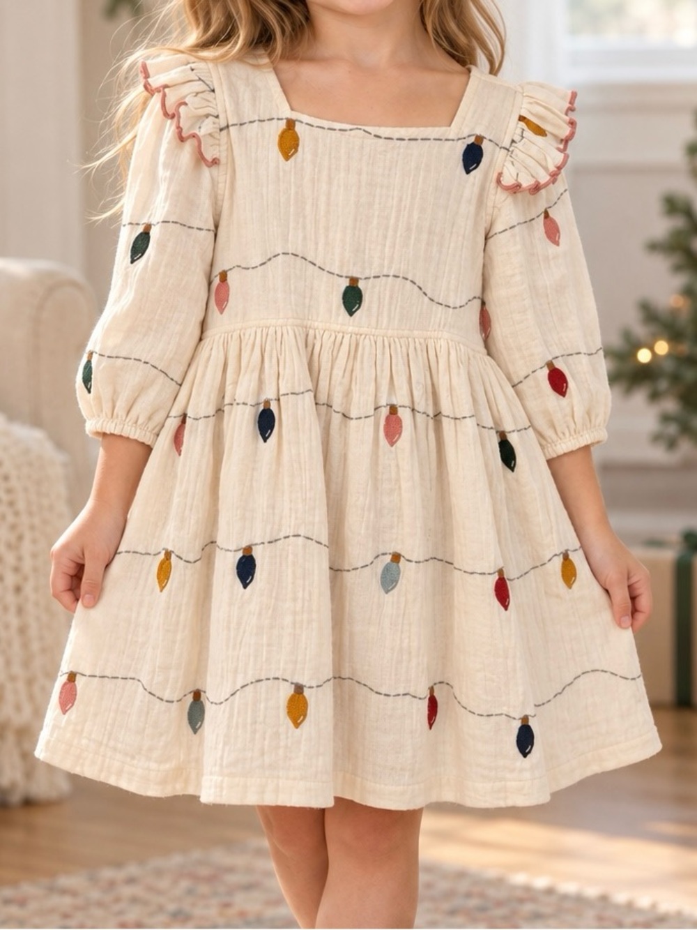 Pink Chicken Cream Dress with Multicolor Light Appliqués